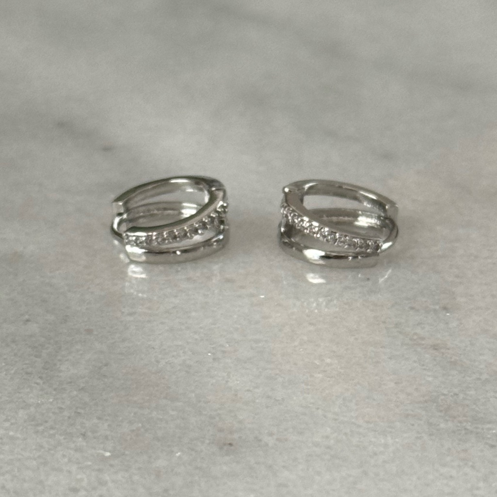 Silver Crystal Double Hoop Split Huggie Hoop Earrings Brand New